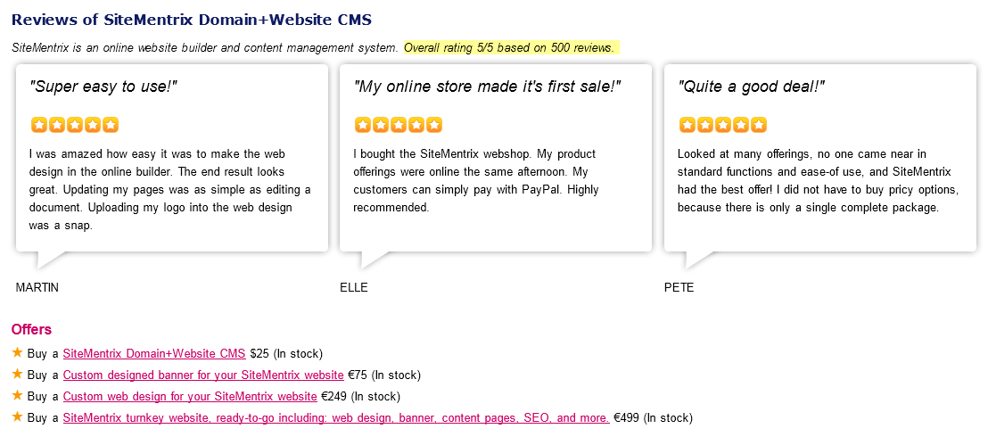 Rich Snippets in the website SiteMentrix